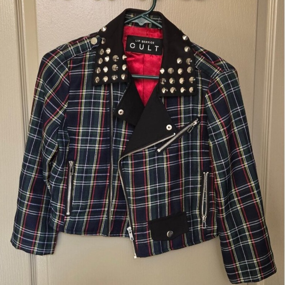 Vintage Lip Service Cult Plaid moto Jacket with Studded Collar. Size s